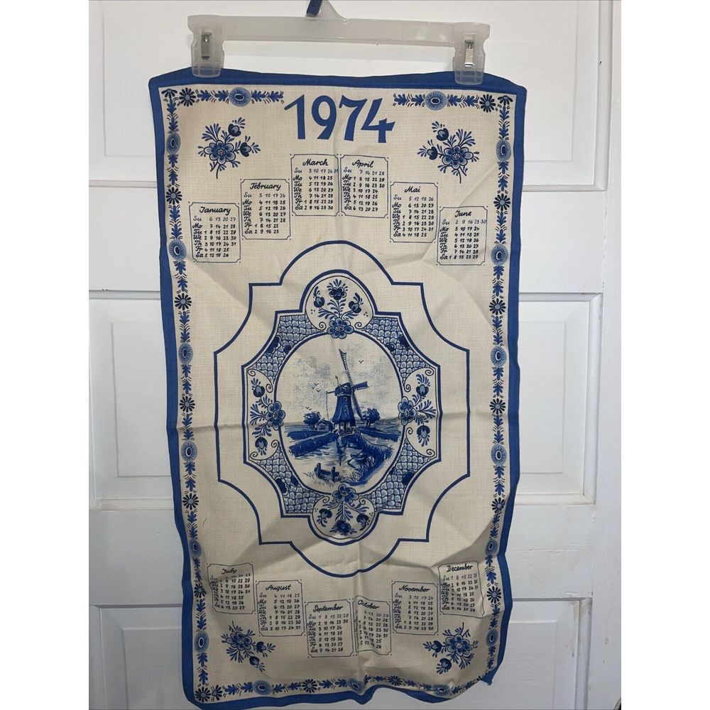 Beautiful Tea Towel Highlighting Holland Countryside. 1974 Calendar. Blue And Wh